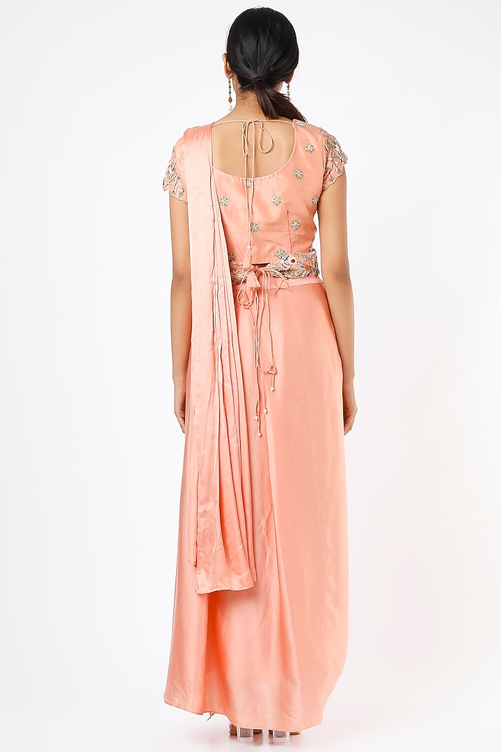 Peach Satin Modal Pant Party Wear Saree Set by Ojasvini at Pernia's Pop Up Shop