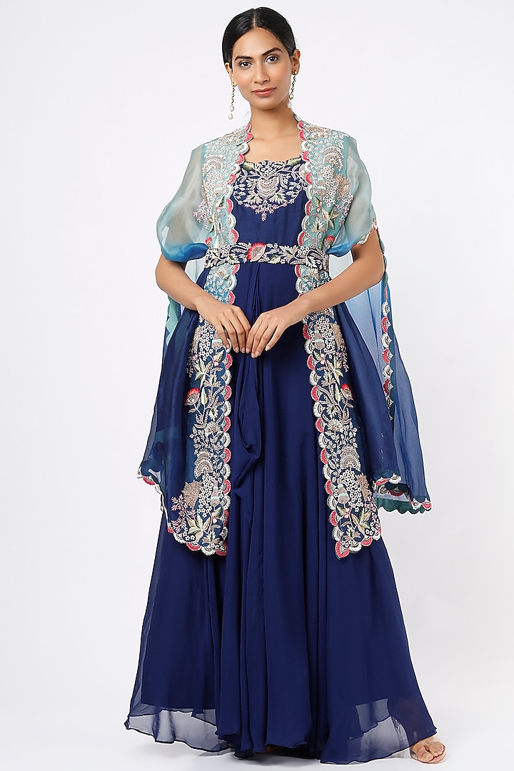 Navy Blue Anarkali With Embroidered Cape by Ojasvini