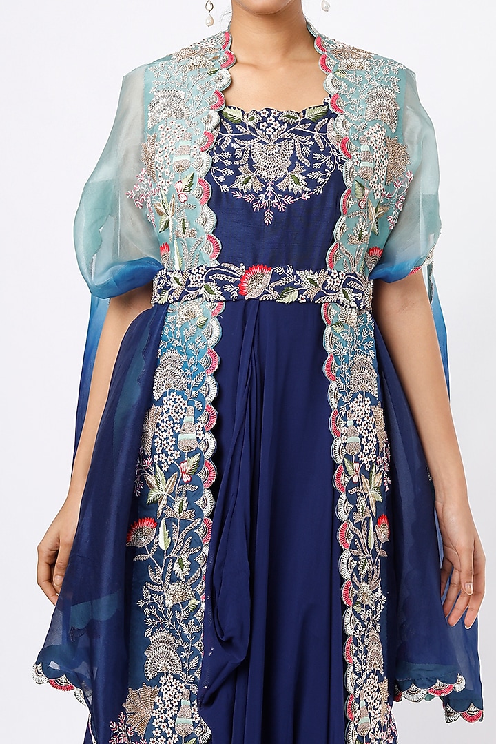Navy Blue Wedding Anarkali With Embroidered Cape by Ojasvini at Pernia's Pop Up Shop
