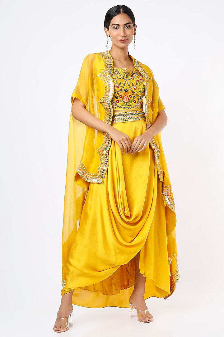 Mustard Embroidered Cape Set by Ojasvini at Pernia's Pop Up Shop