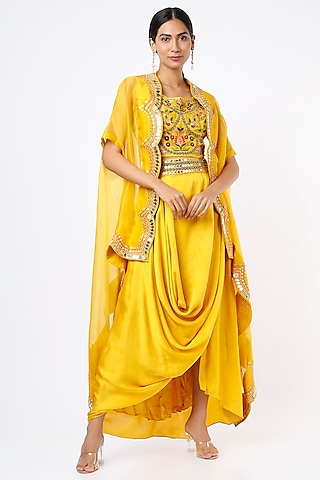 Mustard Embroidered Cape Set by Ojasvini