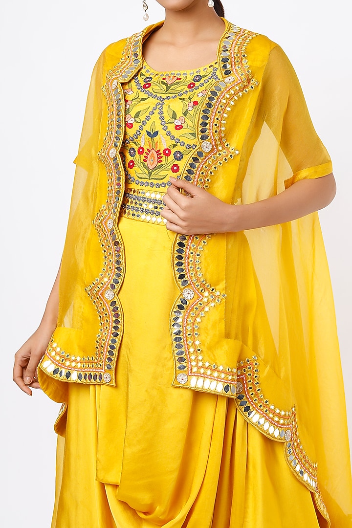 Mustard Embroidered Cape Set by Ojasvini at Pernia's Pop Up Shop