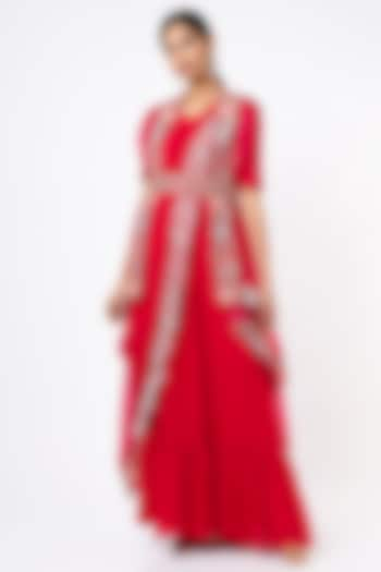 Cadmium Red Gown Saree Set by Ojasvini at Pernia's Pop Up Shop