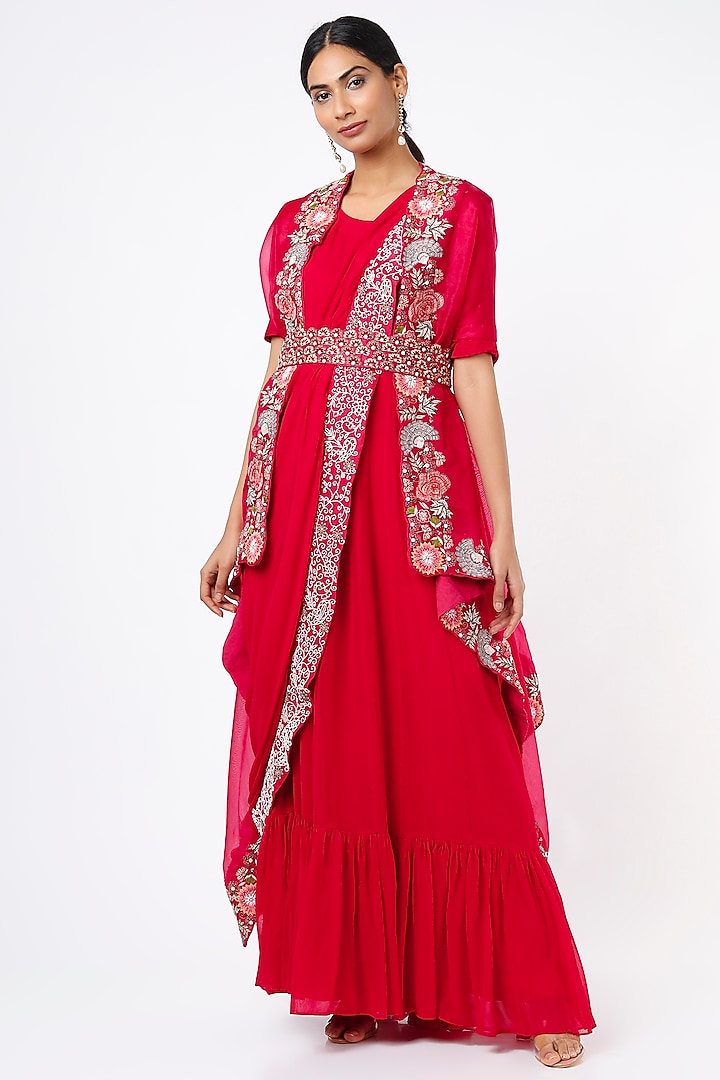 Cadmium Red Gown Saree Set by Ojasvini at Pernia's Pop Up Shop