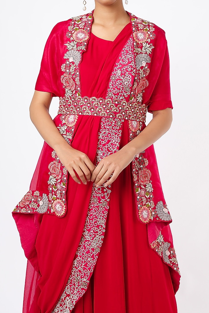 Cadmium Red Wedding Gown Saree Set by Ojasvini at Pernia's Pop Up Shop