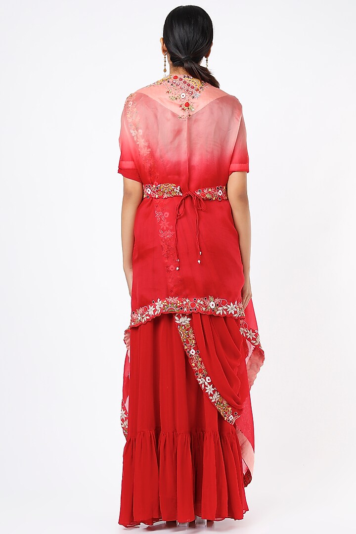 Cadmium Red Georgette Zardosi Embroidered Wedding Gown Saree Set by Ojasvini at Pernia's Pop Up Shop