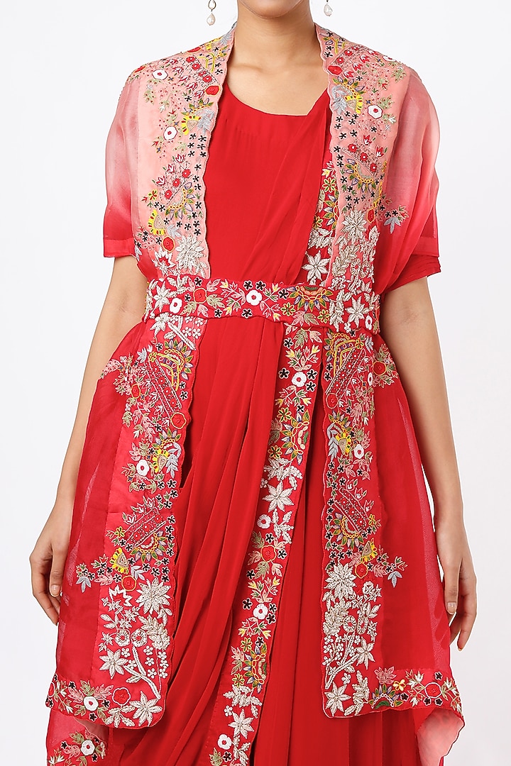 Cadmium Red Georgette Zardosi Embroidered Wedding Gown Saree Set by Ojasvini at Pernia's Pop Up Shop