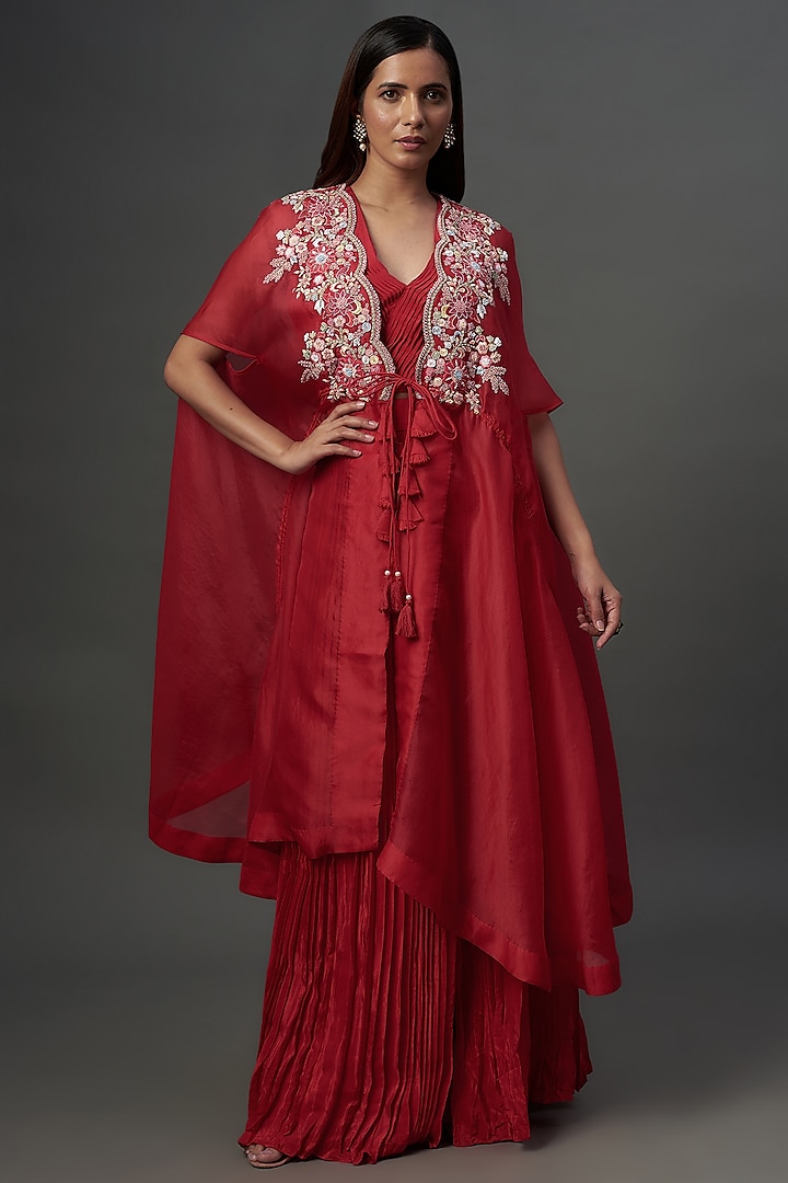 Red Organza Hand Embroidered Cape Set by Ojasvini