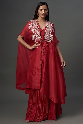 Red Organza Hand Embroidered Cape Set by Ojasvini