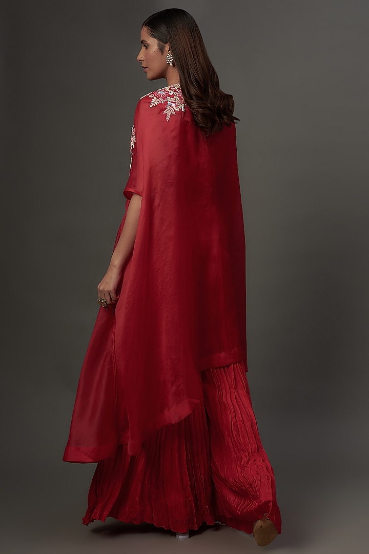 Red Organza Hand Embroidered Cape Set by Ojasvini at Pernia's Pop Up Shop