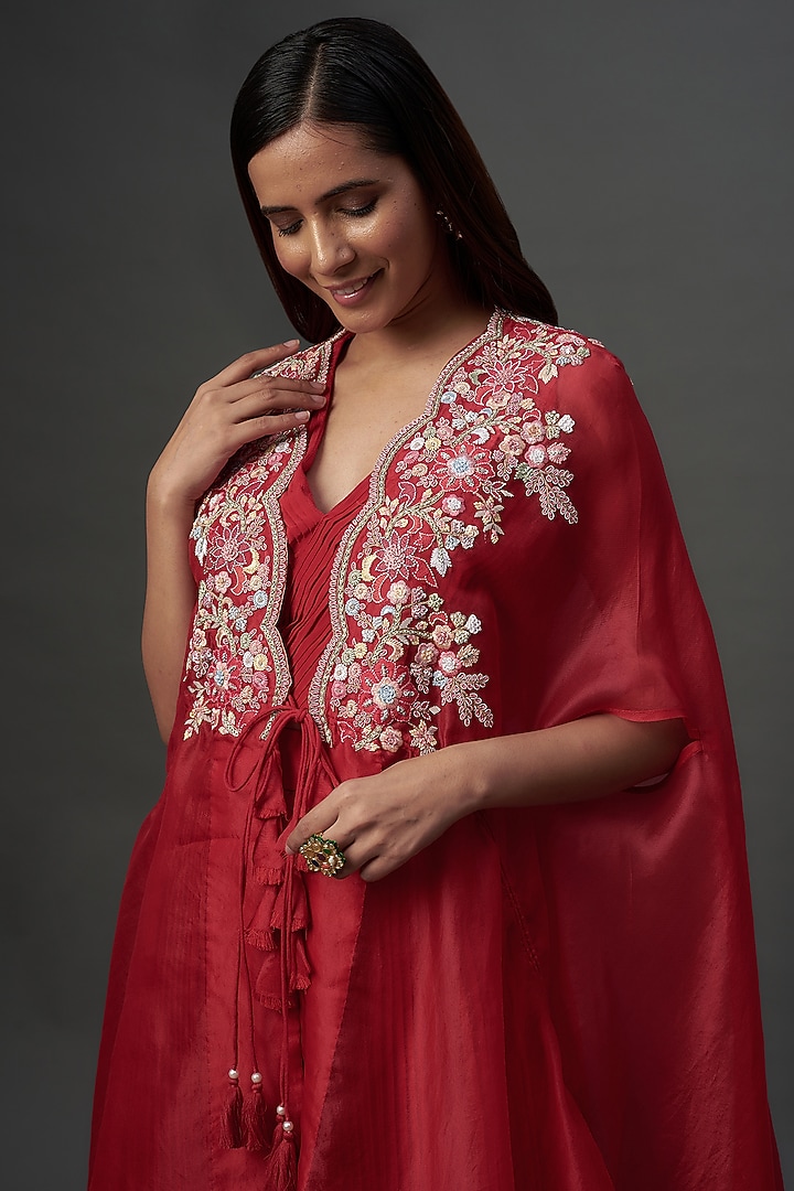 Red Organza Hand Embroidered Cape Set by Ojasvini at Pernia's Pop Up Shop