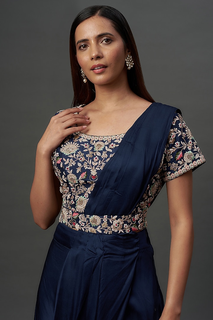 Navy Blue Satin Modal & Silk Draped Pant Wedding Saree Set by Ojasvini at Pernia's Pop Up Shop