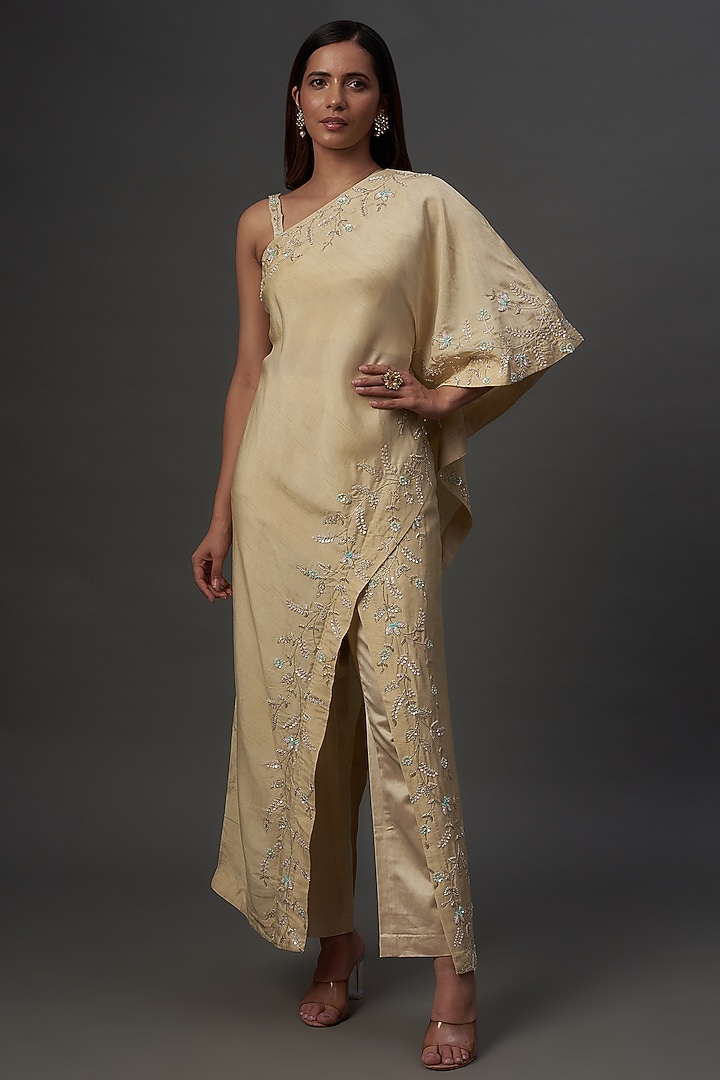 Ivory Silk & Mushroom Satin Hand Embroidered Co-Ord Set by Ojasvini at Pernia's Pop Up Shop