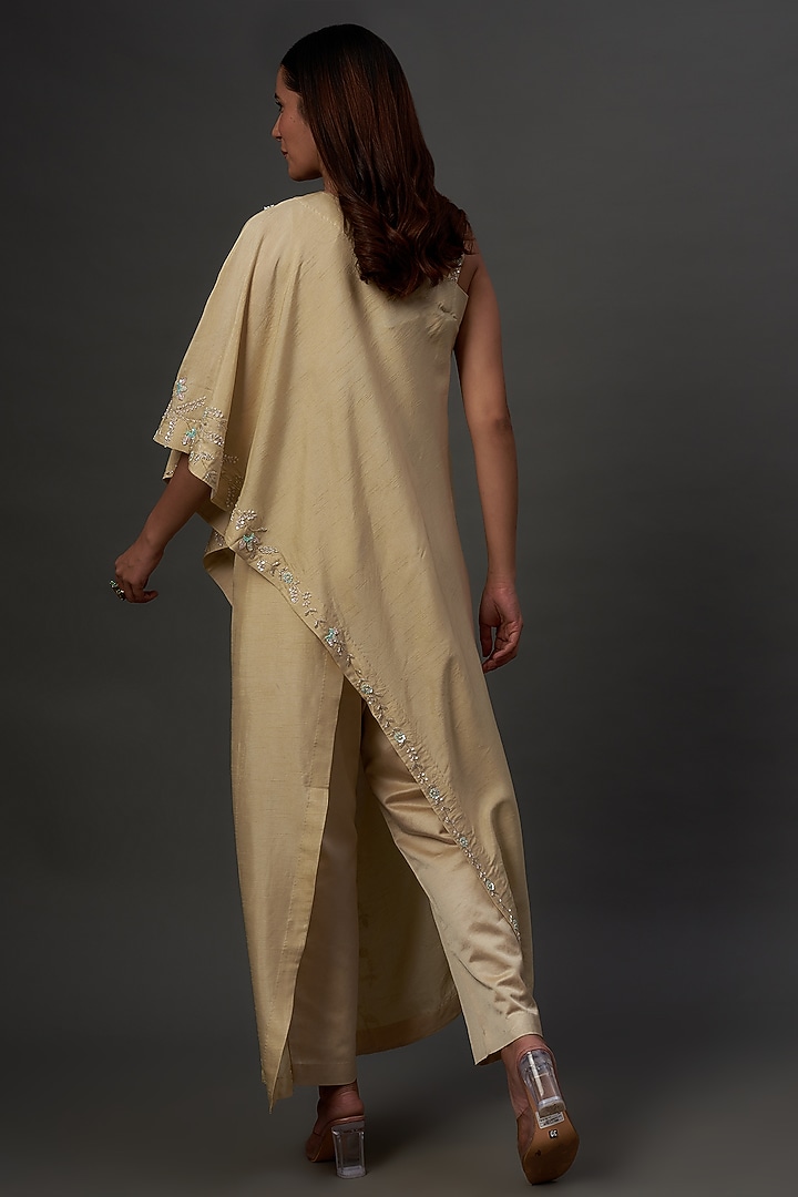 Ivory Silk & Mushroom Satin Hand Embroidered Co-Ord Set by Ojasvini at Pernia's Pop Up Shop
