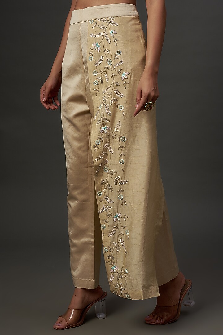 Ivory Silk & Mushroom Satin Hand Embroidered Co-Ord Set by Ojasvini at Pernia's Pop Up Shop