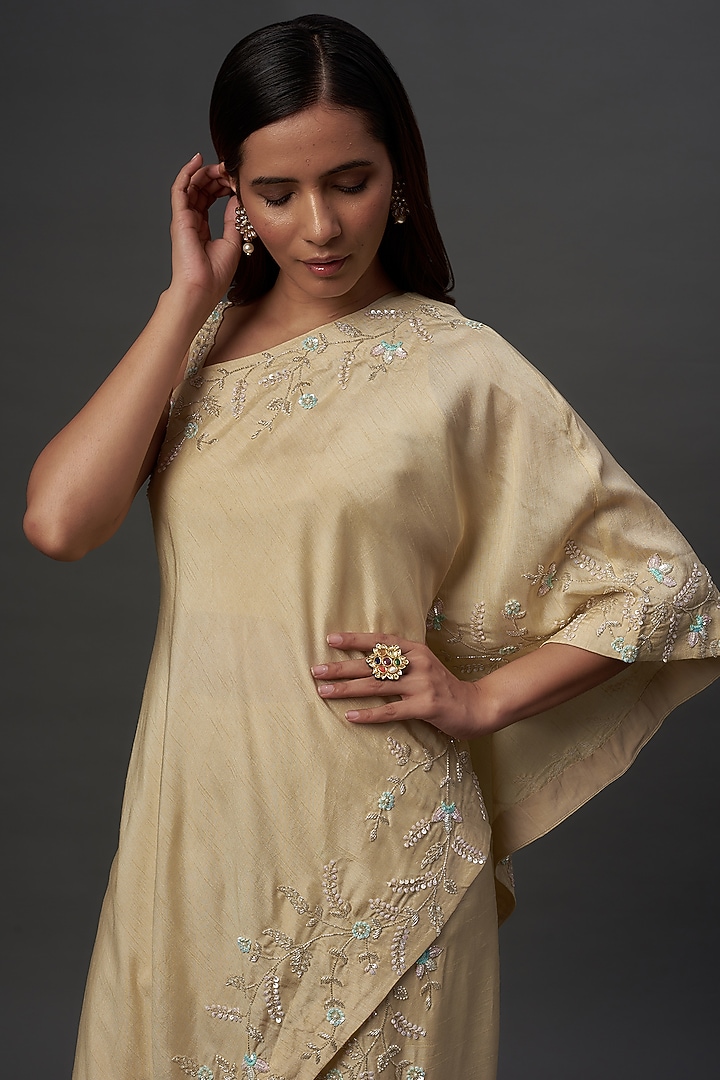 Ivory Silk & Mushroom Satin Hand Embroidered Co-Ord Set by Ojasvini at Pernia's Pop Up Shop