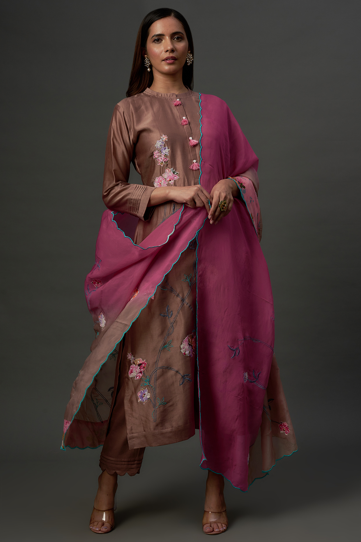 Coffee Brown Embroidered Kurta Set by Ojasvini