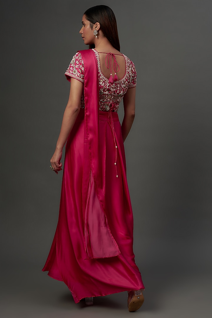 Fuchsia Satin Modal & Silk Draped Pant Wedding Saree Set by Ojasvini at Pernia's Pop Up Shop