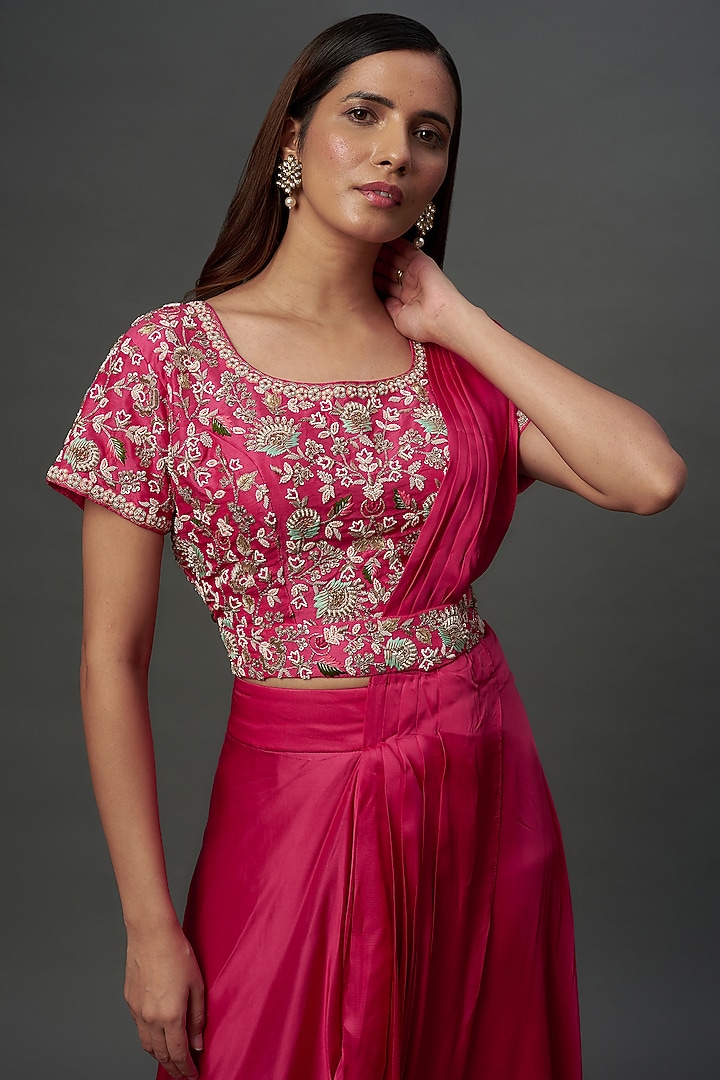 Fuchsia Satin Modal & Silk Draped Pant Wedding Saree Set by Ojasvini at Pernia's Pop Up Shop