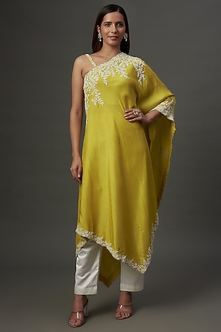 Lime Green Silk Hand Embroidered Co-Ord Set by Ojasvini