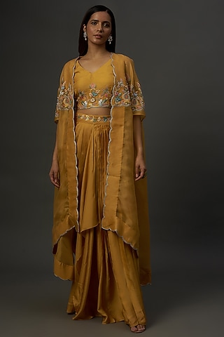 Yellow Satin & Organza Embroidered Cape Set by Ojasvini
