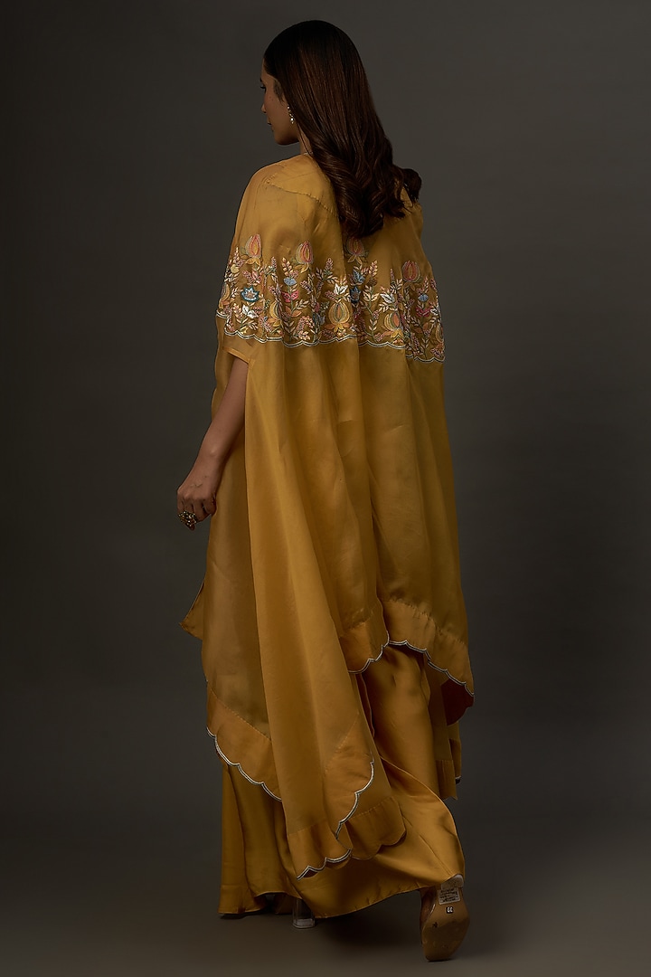 Yellow Satin & Organza Embroidered Cape Set by Ojasvini at Pernia's Pop Up Shop