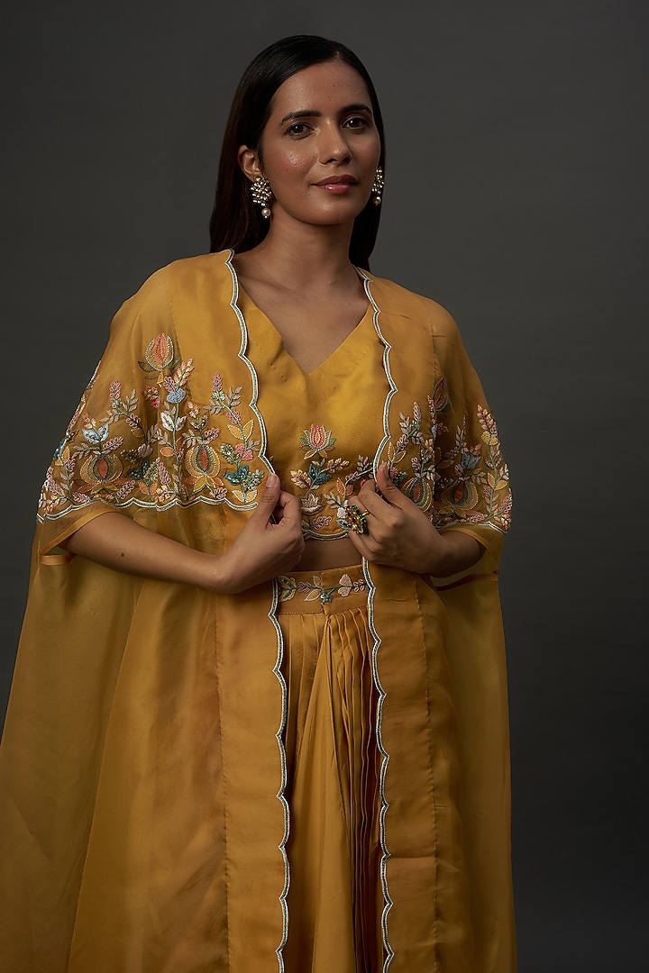 Yellow Satin & Organza Embroidered Cape Set by Ojasvini at Pernia's Pop Up Shop