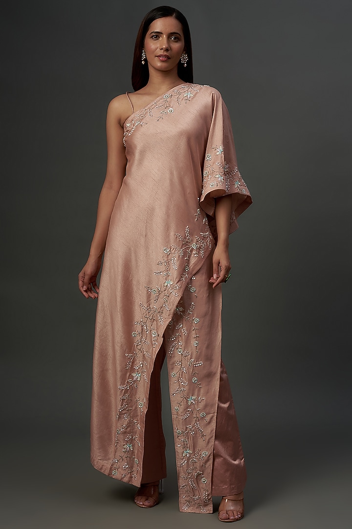 Blush Pink Silk & Mushroom Satin Embroidered Co-Ord Set by Ojasvini at Pernia's Pop Up Shop
