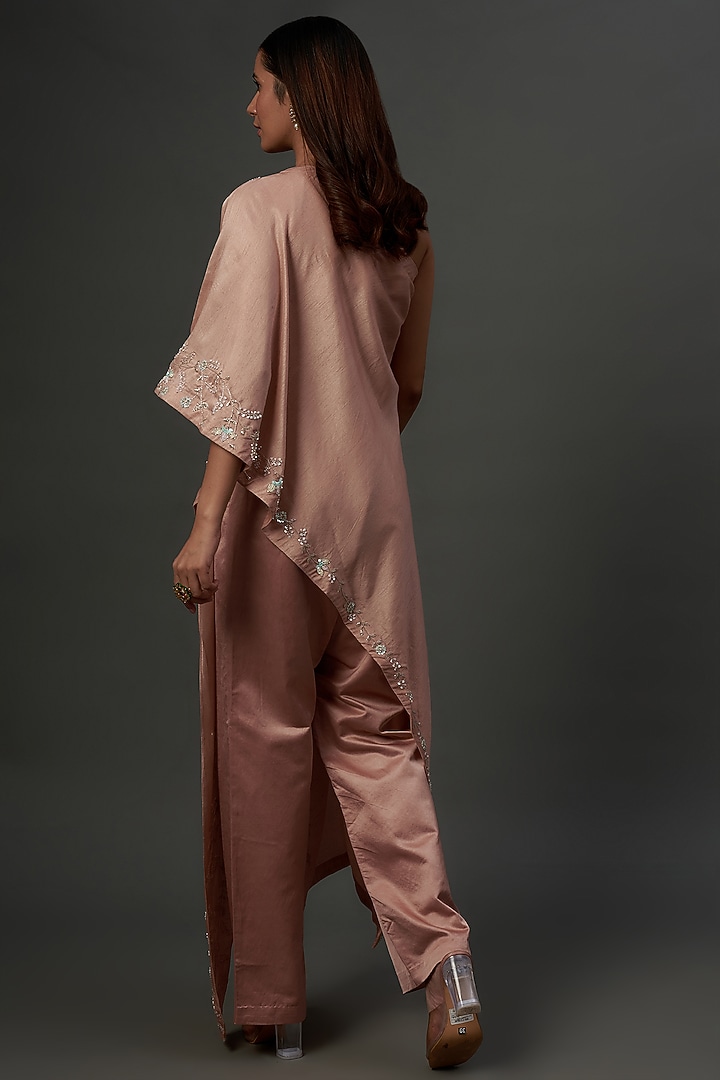 Blush Pink Silk & Mushroom Satin Embroidered Co-Ord Set by Ojasvini at Pernia's Pop Up Shop