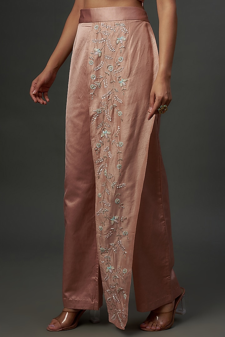 Blush Pink Silk & Mushroom Satin Embroidered Co-Ord Set by Ojasvini at Pernia's Pop Up Shop