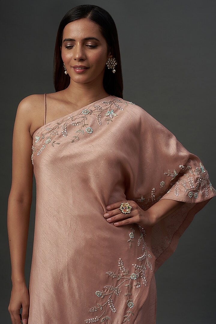 Blush Pink Silk & Mushroom Satin Embroidered Co-Ord Set by Ojasvini at Pernia's Pop Up Shop