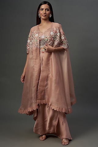 Blush Pink Organza & Satin Embroidered Cape Set by Ojasvini