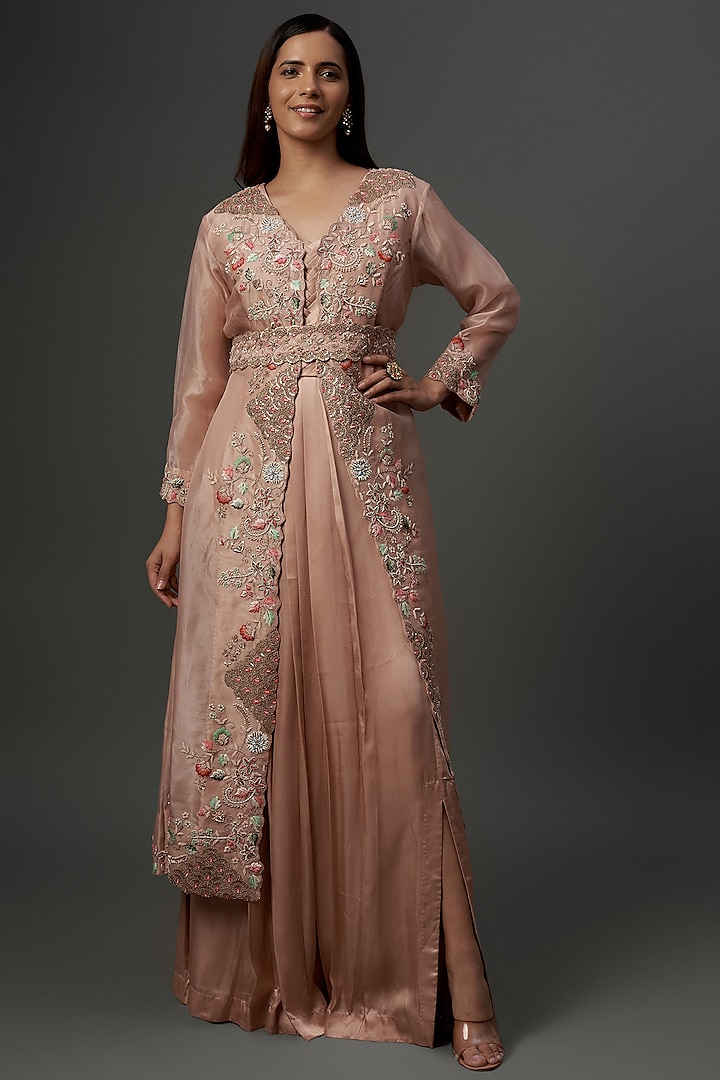 Blush Pink Satin Modal & Organza Hand Embroidered Pleated Gown With Jacket by Ojasvini
