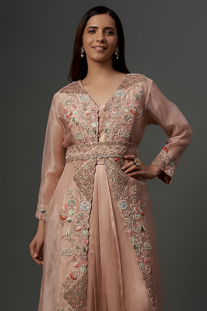 Blush Pink Satin Modal & Organza Hand Embroidered Pleated Engagement Gown With Jacket by Ojasvini at Pernia's Pop Up Shop