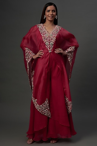 Red Organza & Satin Lycra Sharara Set by Ojasvini