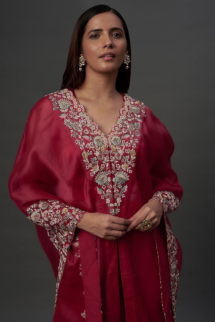 Red Organza & Satin Lycra Wedding Sharara Set by Ojasvini at Pernia's Pop Up Shop