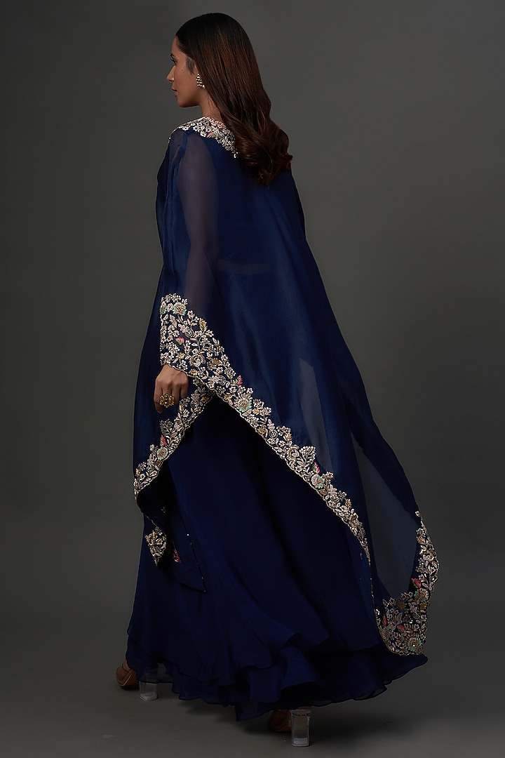 Blue Organza & Satin Lycra Wedding Sharara Set by Ojasvini at Pernia's Pop Up Shop