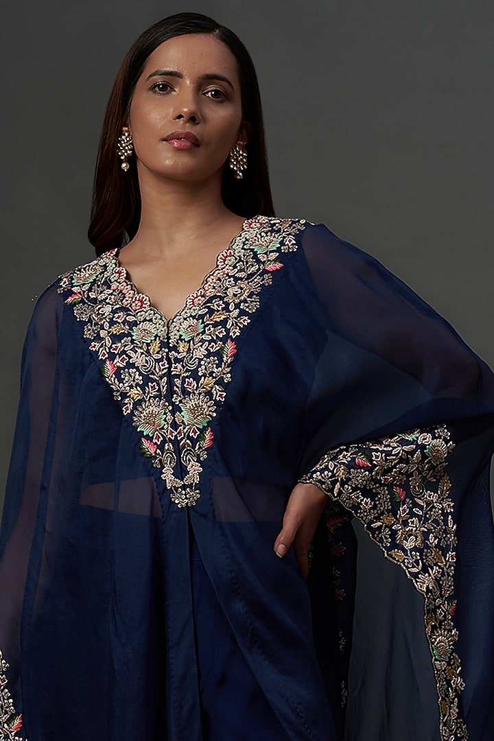 Blue Organza & Satin Lycra Wedding Sharara Set by Ojasvini at Pernia's Pop Up Shop
