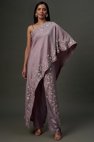 Lavender Silk & Mushroom Satin Embroidered Co-Ord Set by Ojasvini