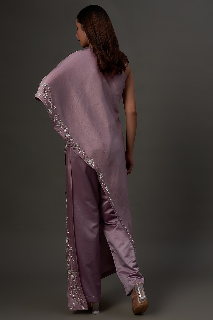 Lavender Silk & Mushroom Satin Embroidered Co-Ord Set by Ojasvini at Pernia's Pop Up Shop