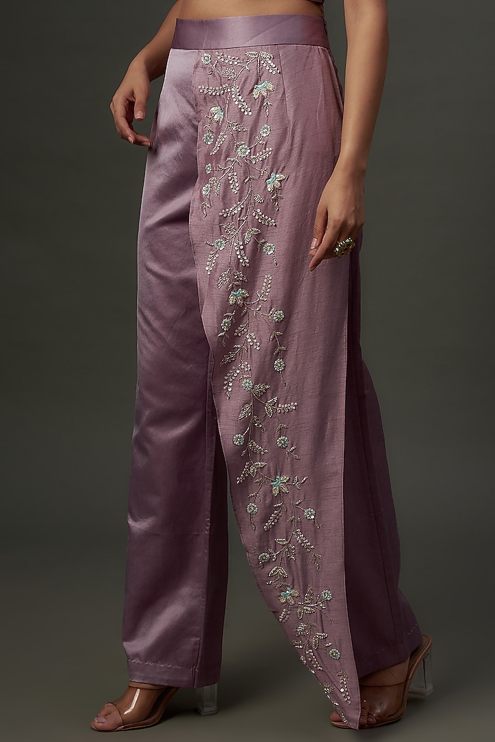 Lavender Silk & Mushroom Satin Embroidered Co-Ord Set by Ojasvini at Pernia's Pop Up Shop