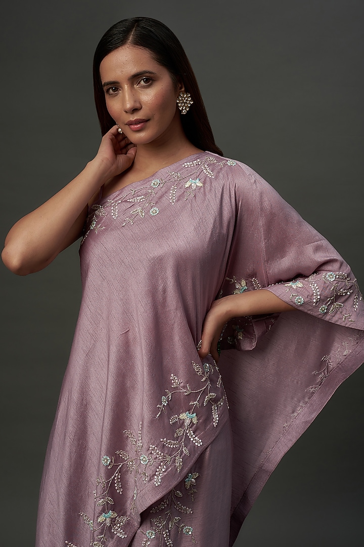Lavender Silk & Mushroom Satin Embroidered Co-Ord Set by Ojasvini at Pernia's Pop Up Shop