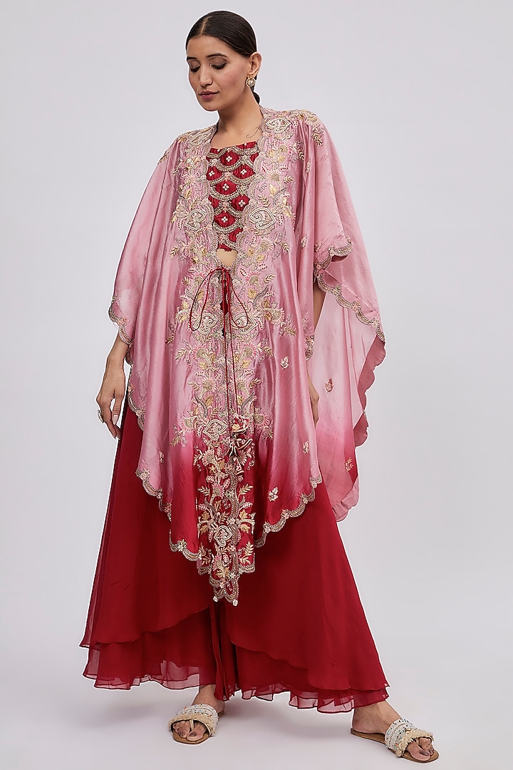 Red Ombre Silk Embroidered Jacket Dress by Ojasvini