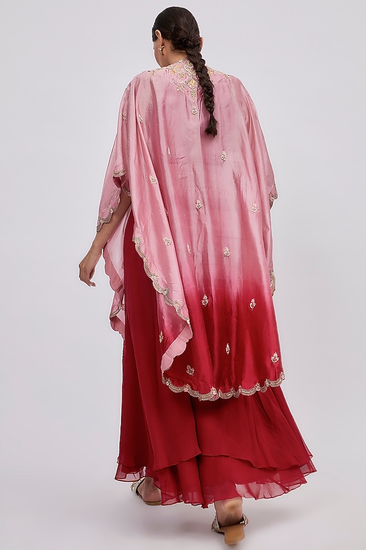 Red Ombre Silk Embroidered Jacket Party Wear Dress by Ojasvini at Pernia's Pop Up Shop