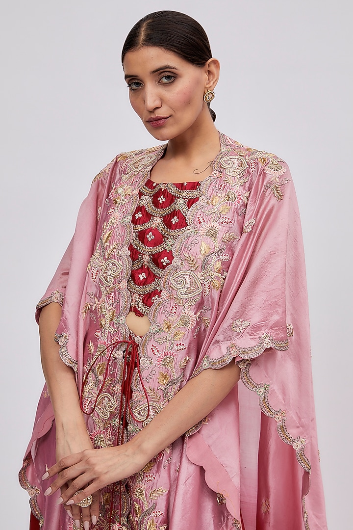 Red Ombre Silk Embroidered Jacket Party Wear Dress by Ojasvini at Pernia's Pop Up Shop