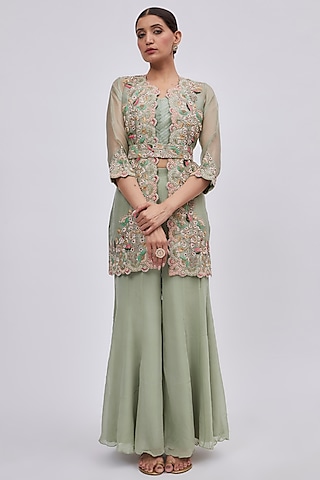 Mint Green Georgette Sharara Set by Ojasvini