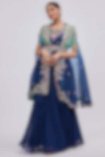 Blue Ombre Silk Embroidered Jacket Gown by Ojasvini