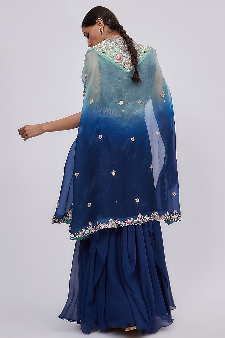 Blue Ombre Silk Embroidered Jacket Engagement Gown by Ojasvini at Pernia's Pop Up Shop