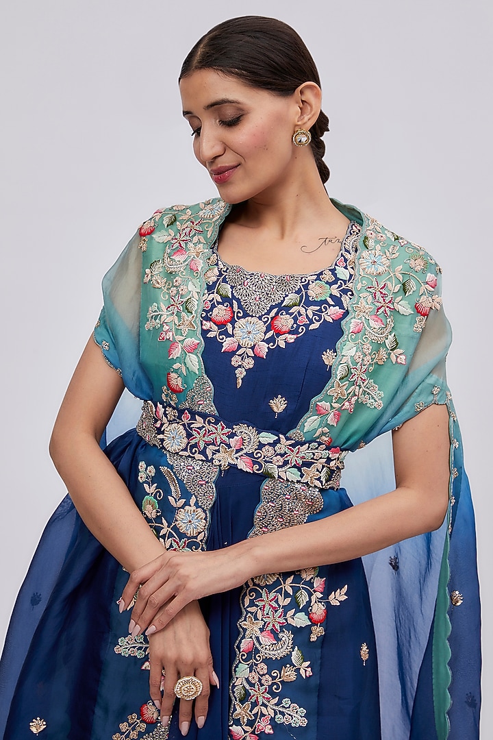 Blue Ombre Silk Embroidered Jacket Engagement Gown by Ojasvini at Pernia's Pop Up Shop