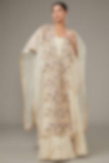 Ivory Organza Hand Embroidered Kaftan Cape With Gown by Ojasvini